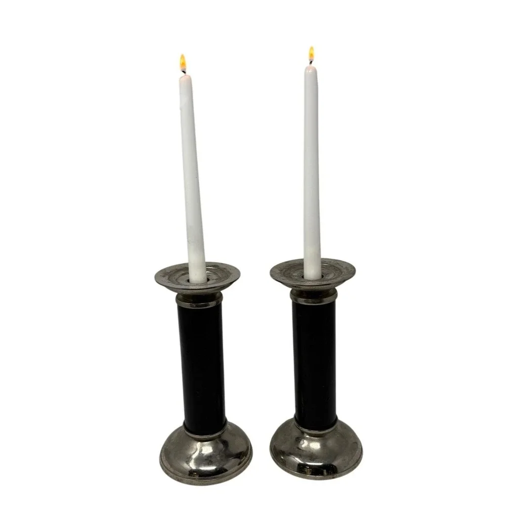 Vtg Pair Silverplate & Leather Metal Pillar / Taper Candle Holders Candlesticks‎